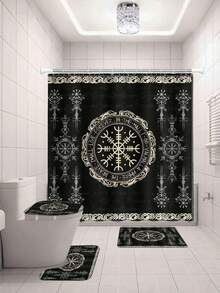Juego de 4 piezas para baño, cortina de ducha con diseño de brújula retro mágica y símbolos místicos nórdicos, alfombra de baño, tapete - multicolor - Ver 7
