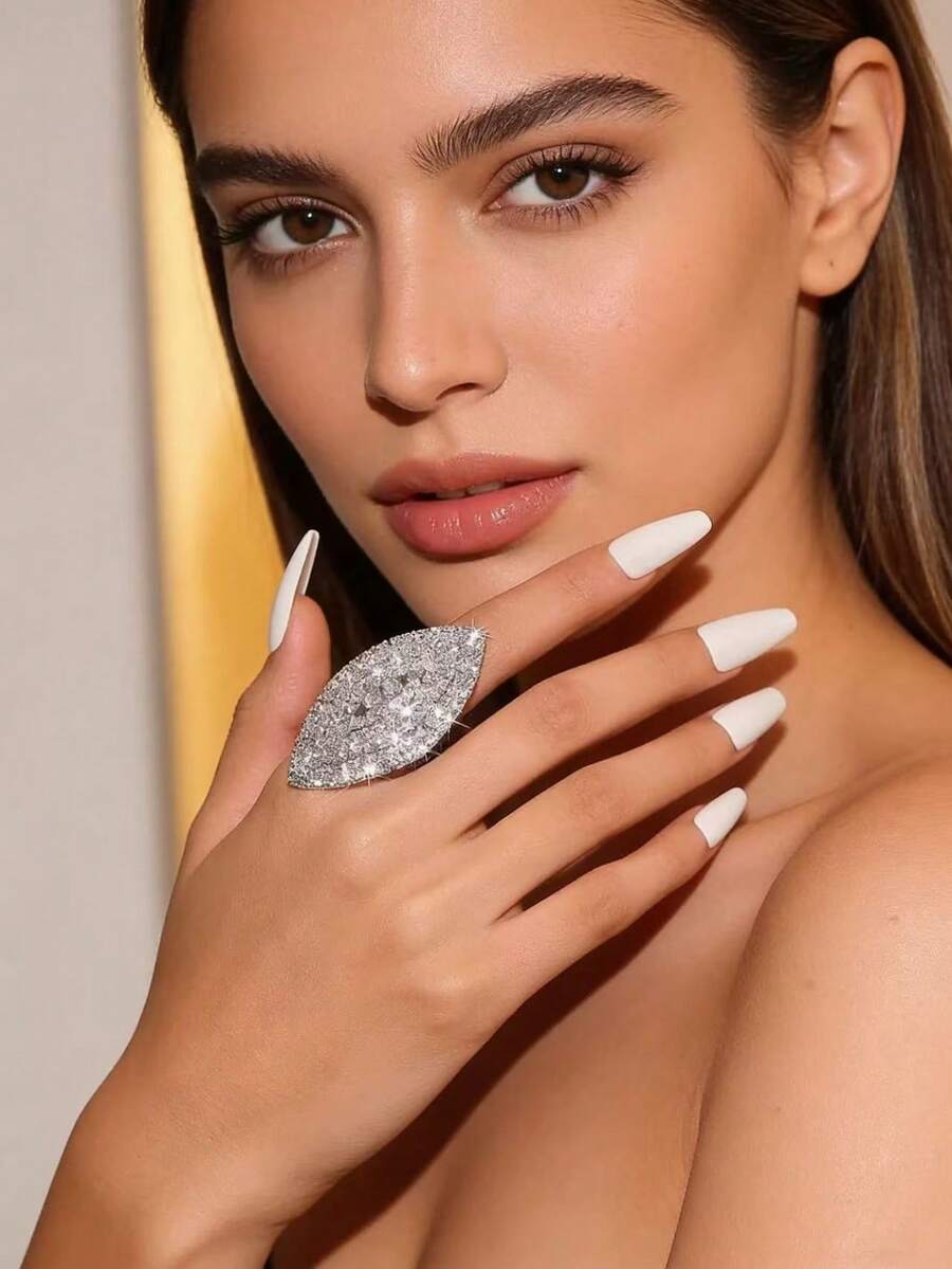 1枚欧美几何图案水钻戒指，可调节优雅闪亮钻石戒指首饰 - 彩色 - 查看 1