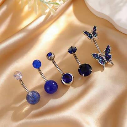 Bộ 5 khuyên rốn bằng thép không gỉ, khuyên rốn tròn 14G đính đá CZ dành cho nữ và bé gái, kích thước 3/8" (10mm), màu hồng/trắng/xanh dương.