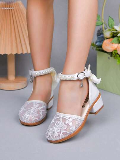 Children's High Heel Shoes, Embroidered Breathable Mesh Decor, Cute Butterfly Accent, Suitable For Party, Vacation, Evening Dress