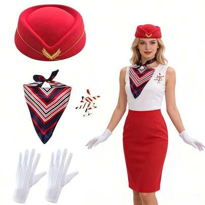 Bộ phụ kiện trang phục tiếp viên hàng không 4 món, bao gồm mũ beret kiểu tiếp viên, khăn quàng cổ, trâm cài và găng tay, thích hợp cho các buổi tiệc hóa trang dành cho người lớn. Trang phục dự tiệc khiêu vũ mùa hè, lễ hội âm nhạc, thanh lịch.