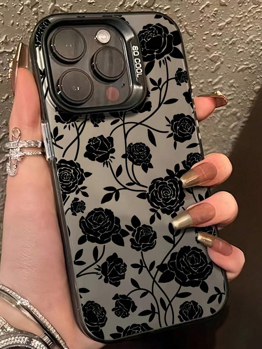 时尚奢华黑色花卉印花半屏手机壳，兼容 17/16/15 Pro Max、14/13/12/11 和 XS/XR 机型，具备防污染功能 - 彩色 - 查看 1