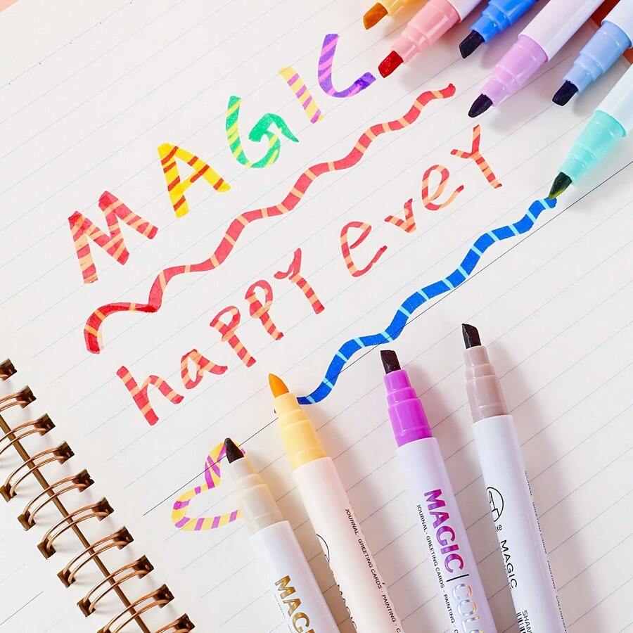 6/12pcs Magic Color Changing Highlighter Pens, Double-Headed Oblique Tip Creative Color Changing Pens, Student Planner Marker Pens, High-Quality Gradient Fluorescent Pens, Student Highlighting Markers - Multicolor - View 1