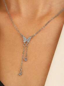 1pc Steel Color Bowknot Necklace With Tassel, Rhinestone Decor Elegant Necklace, Daily Accessory & Gift Jewelry - Silver - View 2