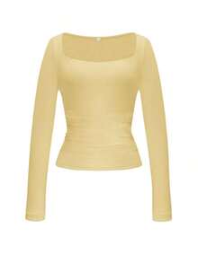 Vaiaye Women's Spring-Summer Sexy Fitted Long Sleeve Knit Top, Solid Color Square Neck T-Shirt, Casual & Versatile,Minimalist Casual Daily Wear - 黃色 - 查看 3