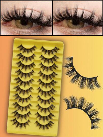 Fengxiu Eyelash 10 Pairs D Curl Spiky Eyelashes Yellow Packaging Fluffy Wispy Faux Mink Lashes Curly Spiky Tail Lash Extension Soft Reusable Eye Beauty,Fine Natural, Grafted Appearance, Faux Mink, Transparent Band, Y2K Style, 3D Fluffy Long Cat Eye, Natural Thick Eyelash Extensions