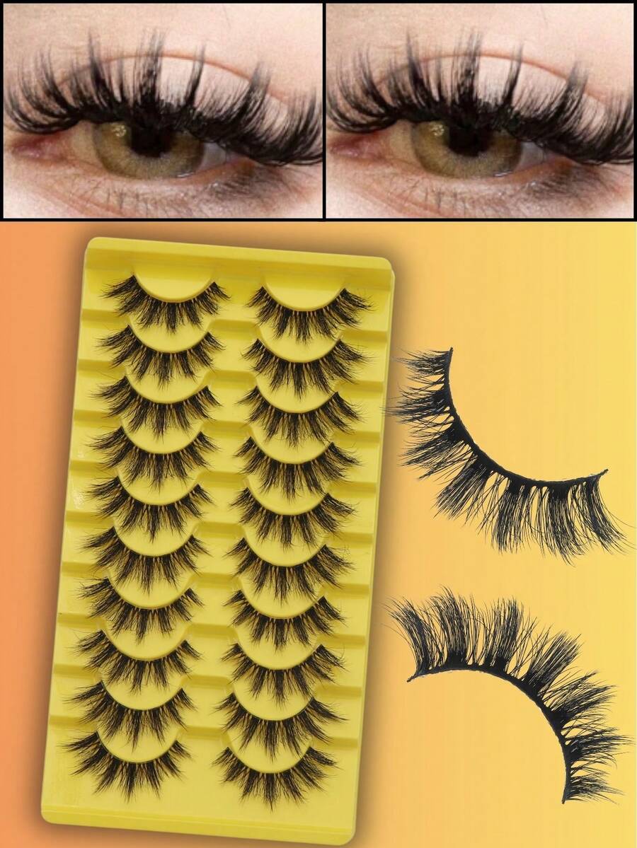 Fengxiu Eyelash 10 Pairs D Curl Spiky Eyelashes Yellow Packaging Fluffy Wispy Faux Mink Lashes Curly Spiky Tail Lash Extension Soft Reusable Eye Beauty,Fine Natural, Grafted Appearance, Faux Mink, Transparent Band, Y2K Style, 3D Fluffy Long Cat Eye, Natural Thick Eyelash Extensions