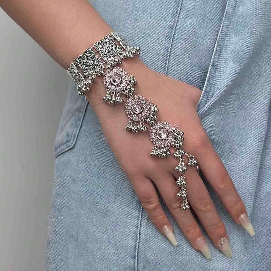 波西米亚风镀银三件套指链：精致镂空设计，点缀水晶，可调节戒指和腕带，适合节日和派对场合，尽显魅力 - 復古銀色 - 查看 1