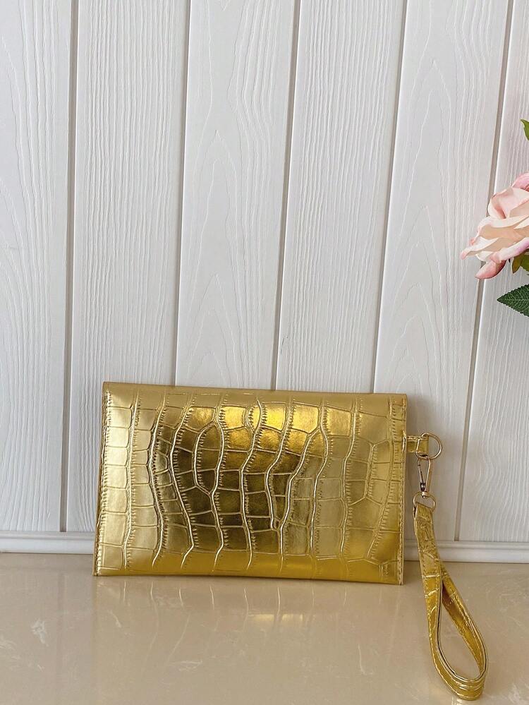 1pc Gold Crocodile Embossed PU Leather Clutch Bag With Metal Chain, Suitable For Women/Girls, Can Be Used As Shoulder Bag, Coin Purse, Perfect For Party, Evening, Shopping, Commuting, Travel, Etc. This Party Bag Pairs Perfectly With Holiday Party Dresses, Evening Gowns And Sequin Dresses, Making It The Perfect Choice For Parties, Weddings, Galas And Formal Events. - Gold - View 8