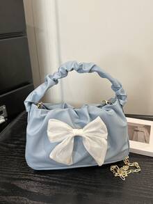 Modische plissierte halbmondförmige Damen-Handtasche, Seidenschal-Schleifen-Dekoration, Metall-Kettenschulterriemen, Schulter- oder Umhängetasche in Wolkenform, perfektes Valentinstags-Geschenk für Frauen, Damen-Handtasche mit Schleifen-Dekoration - Babyblau - Übersicht 5