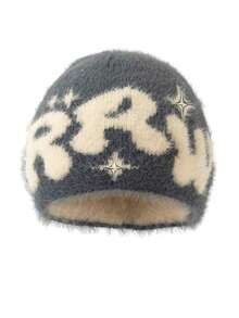 1件装 女士新款可爱街头字母刺绣毛绒猫耳保暖耳罩针织帽 - 仿貂絨RRW - 查看 13