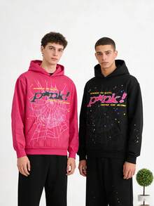 2-Piece Hoodie Set Y2k Hoodies, Men's Hip Hop Spider WebPattern, Graphic Alphabet Print HarajukuVintage Hoodie, Punk Rock Style, LongSleeve Street Wear Top For Both Men AndWomen Oversized Hoodies - Đen + Đỏ hồng - Xem 5