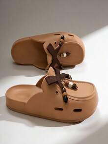 1 Pair Fashionable Versatile Bowknot EVA Slide Sandals, Non-Slip Sole Design, Flat Casual Breathable Shoes, Suitable For Spring/Summer - Coffee Brown - View 3