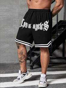 男士夏季时尚透气休闲字母印花抽绳腰篮球短裤，宽松版型 - 黑色 - 查看 2