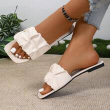 1 par de sandalias planas cómodas con punta cuadrada y sin cordones para mujer - Beis - Ver 2