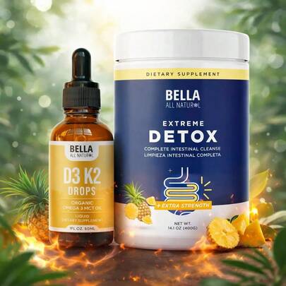 Bella Extreme Detox (Pineapple) + D3 K2 Drops | 2-In-1 Detox & Vitamin D3/K2 | Supports Bloating Relief, Immunity, Bone Health | Natural Pineapple Flavor – Buy Together & Save!