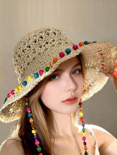 1 chiếc mũ rộng vành rỗng bằng gỗ, thoáng khí, nhiều màu sắc, đính hạt cườm, kiểu dáng thời trang, có thể gấp gọn, dành cho nữ.