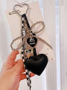 1个PU皮革心形珍珠蝴蝶结编织绳包饰、钥匙扣、手机挂绳 - 彩色 - 查看 2