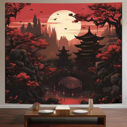 1 PIEZA Tapiz de estilo anime japonés (decoración estética de dormitorio) - Tapiz de pared de bosque de atardecer rojo y negro, paisaje natural de montaña de tonos oscuros - Adecuado para decoración de paredes en salas de estar, dormitorios y oficinas.