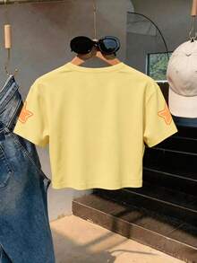 Cute Cartoon Goldfish Print Short Sleeve Crop Top For Teenage Girls, Casual Street Style For Summer - Yellow - View 2