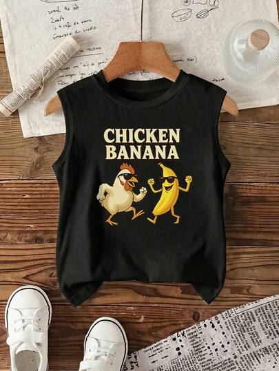 Áo thun không tay in họa tiết cổ điển cho bé gái, màu đen, kiểu dáng đường phố, lưng áo thể thao.