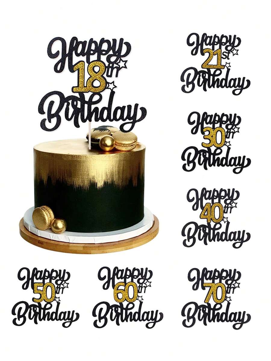 闪亮黑金亮片蛋糕装饰,适用于13/18/21/30/40/50/60/70岁生日派对装饰,优雅里程碑周年纪念蛋糕装饰 - 黑金色 - 查看 1