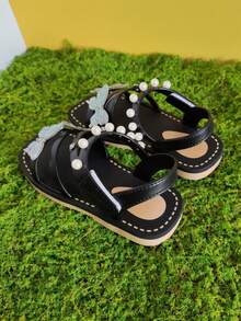 1 Pair Girls' Shiny Butterfly Decor Fashion Sandals, Comfortable Breathable Flat Sandals Suitable For Outdoor, Travel, Spring/Summer - Black - View 2