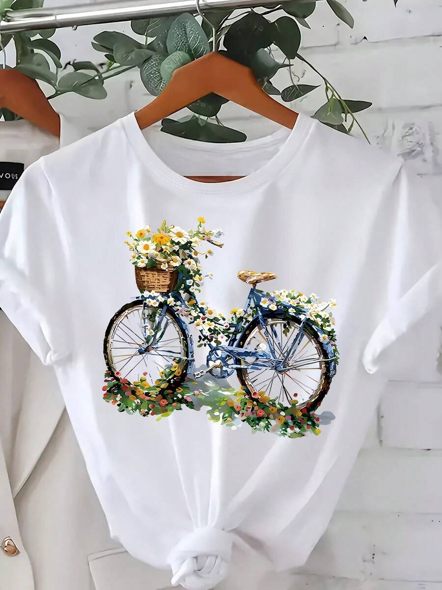 Plus-Size Women's Clothing, Short-Sleeved T-Shirt With Chrysanthemum Bicycle Print, Spring Outfit, Cotton T-Shirt. - White - View 1