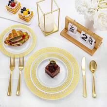 1件欧式奢华高端白底金边餐盘，高品质西式餐盘，甜点盘，适用于婚礼、派对、生日、下午茶、家庭聚会、酒店餐饮、节日庆典等场合，可重复使用餐具 - 白底 - 查看 4