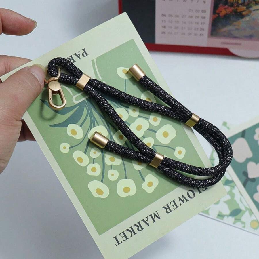 1pc Glitter Black Shiny Adjustable Phone Lanyard, Versatile Short Wrist Strap, Keychain Holder, Outdoor Anti-Lost Braided Strap - Black - View 1