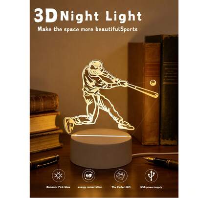 1个3D棒球运动员创意图案夜灯，浪漫氛围灯，USB供电，棒球图案，适合家居装饰、卧室装饰、房间装饰、室内台灯，可作为生日礼物、毕业礼物送给朋友和同学，棒球迷的最佳礼物，床头助眠灯