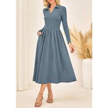 Kasin Women's Fall Long Sleeve Midi Dress 2025 Casual Polo V Neck Ribbed Knit A Line Flowy Work Dresses With Pockets - 藍色 - 查看 3
