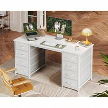 Computer Desk With Drawers, 140x48cm Modern Office Desk With Storage, Small Study Table Home Office, White - White - View 3