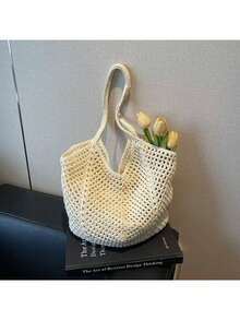 1 chiếc túi đan rỗng mới dành cho nữ, túi tote đeo vai dung tích lớn, túi đan cỏ đa năng kiểu dáng nghỉ mát ven biển, thích hợp đi làm hàng ngày. - Xem 15
