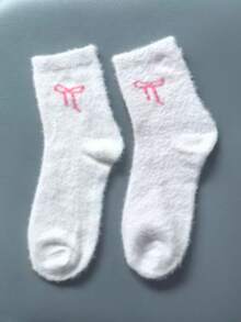 5 Pairs Women's Plush Bow Mid-Calf Socks, Warm Thick Sleeping Socks, Pink Set - Multicolor - View 12