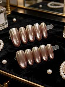 10片手工制作可佩戴美甲贴，极光猫眼杏仁形假指甲，可卸裸粉色温柔风格美甲贴纸 - 彩色 - 查看 11