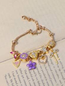 1pc Purple Sakura Sunflower Charm Bracelet, 1pc Heart HOPE Slogan Bow Bracelet, 1pc Starfish Butterfly Animal Bracelet, 1pc Heart Cross Bracelet - Gold - View 6