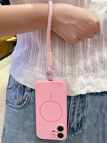 1pc Matte Liquid Silicone Minimalist Magnetic Phone Case With Short Lanyard, Compatible With IPhone 16 15 14 13 12 Pro Max Plus, Wireless Charging Soft Silicone Back Cover - Pink - View 2