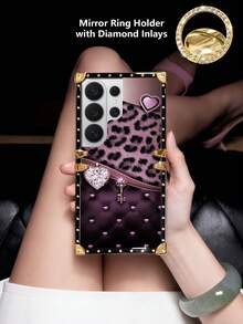 1pc Multi-Color Leopard Print With Heart-Shaped Key Pattern Rectangle Stylish Shockproof Phone Case, With Rhinestone Mirror Ring Holder Stand, Compatible With Samsung Galaxy S26 Ultra/S26/S26 Plus/S25FE/S25Ultra/S25+/S25/S24 Plus/S24/S24U/S23 Ultra/S22ULTRA/A56 5G/A36/A17/A16 And 17proamx/17/16 Promax/16/15PRO Max/15/14 Plus/15plus/14 Pro Max/13promax Models. [International Version, Not Domestic] - Multi-color + Ring Holder - View 3