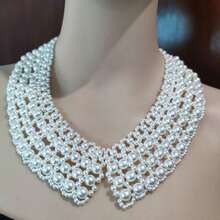 1pc High Collar Hollow Pearl Necklace Wave Shaped Handmade Beaded Tassel Choker Scarf For Party Costume Neck Accessory - White - View 8