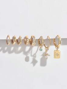 8pcs/Set Minimalist Zirconia Pendant Earrings Set, Elegant Accessories Suitable For Women's Date, Party, And Daily Wear - Yellow Gold - View 4