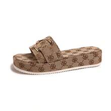 1 par de sandalias planas deslizantes de unicolor elegante con cadena de metal y tela, adecuadas para uso al aire libre en primavera y otoño - Camel - Ver 7