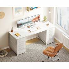 Computer Desk With Drawers, 140x48cm Modern Office Desk With Storage, Small Study Table Home Office, White - White - View 12