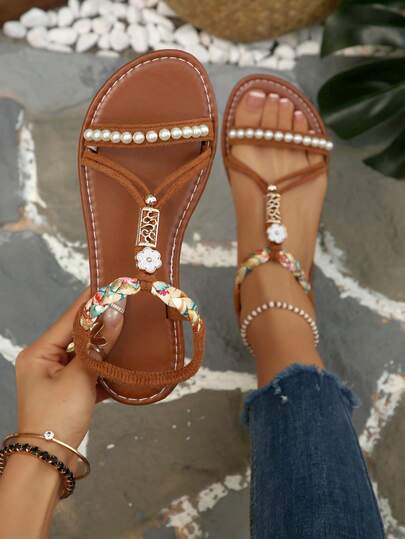 Summer New Women's Ditsy Floral Roman Elastic Band Sandals, Flat Open Toe Pearl Rhinestone Woven Strap Comfortable Beach Shoes, Fashionable Casual Commute Versatile Flat Sandals