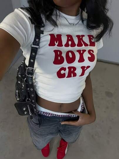 1 pieza Blusa corta de mujer de manga corta con diseño gráfico vibrante, estilo sexy que deja ver el abdomen, cuello redondo ajustado para acentuar la cintura, que encarna una estética casual pero de estilo Y2K