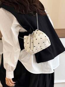 1pc White Bow Embossed Mini Bucket Bag, Pearl Chain Drawstring Crossbody Bag, Elegant & Cute Ladies Daily, Date, Party Shoulder Bag - Black - View 5