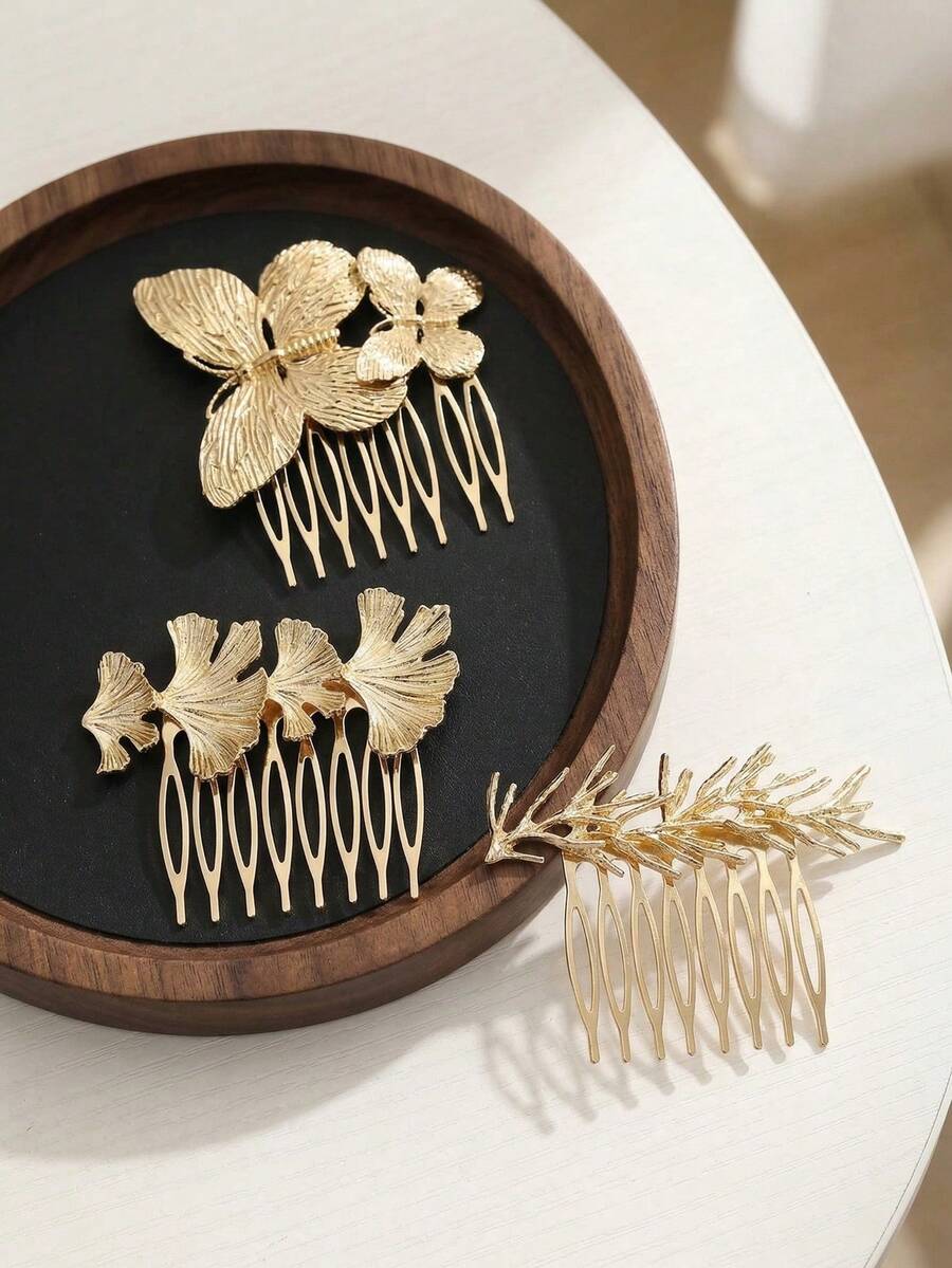 3pcs Elegant Geometric Pattern Butterfly Hair Clips, Versatile Accessories For Women, Side Comb, Headpiece - Multicolor - View 1