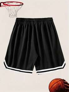 Men's American Style Patchwork Basketball Shorts, Summer Mesh Quick-Dry Loose Drawstring Athletic 4-Inch Shorts - Black - View 3