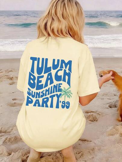海滩阳光派对，少女休闲复古夏季度假标语印花宽松短袖T恤，少女夏季上衣，青少年衬衫