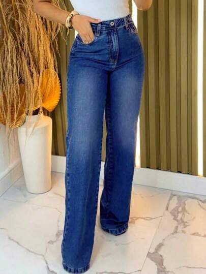 Pantalones vaqueros largos de mezclilla sin lavar para mujer, estilo casual, corte ancho y elástico.